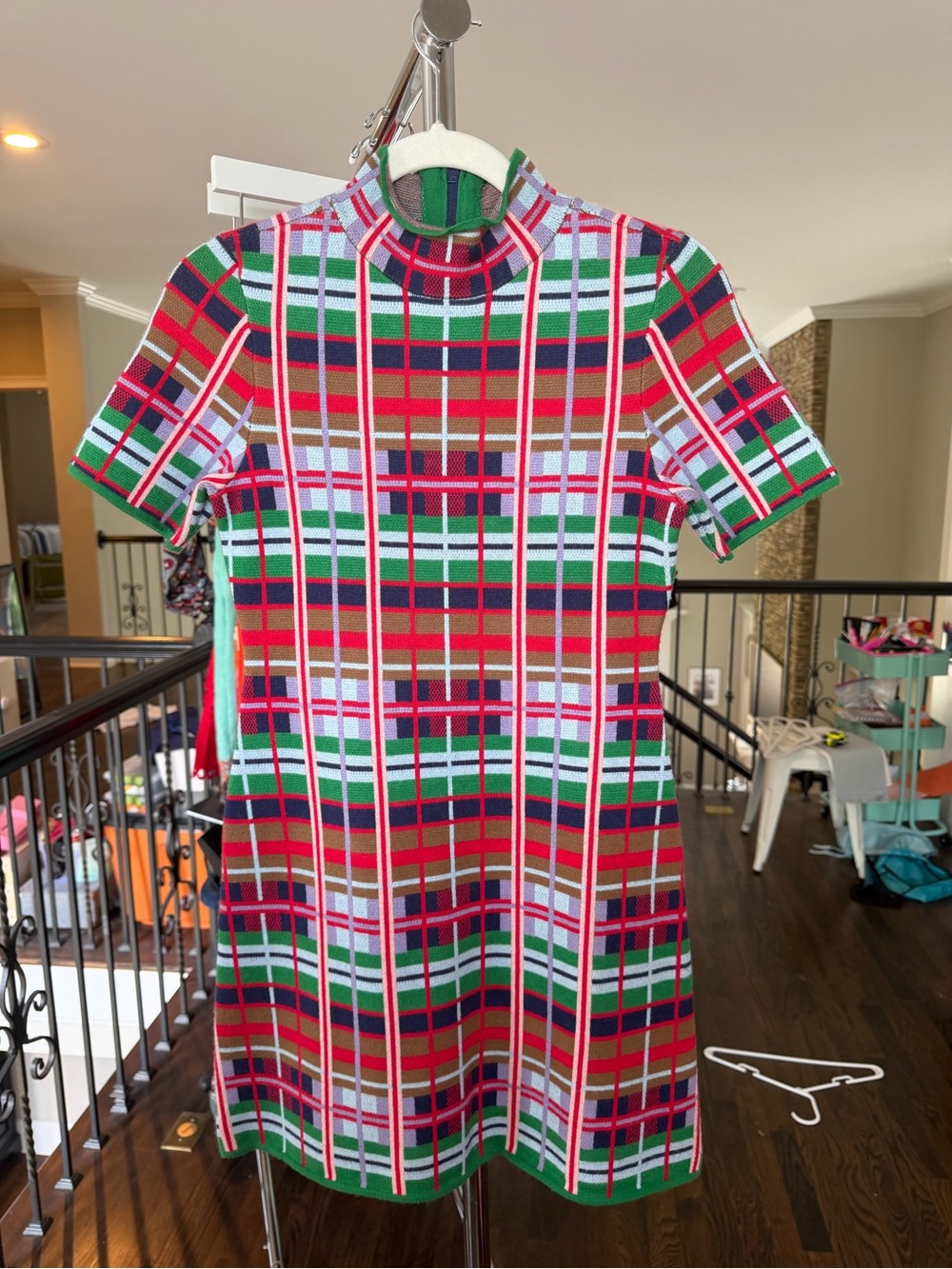 Anthropologie Bright Plaid Short Sleeve Knit Dress in Red, Green, Pink